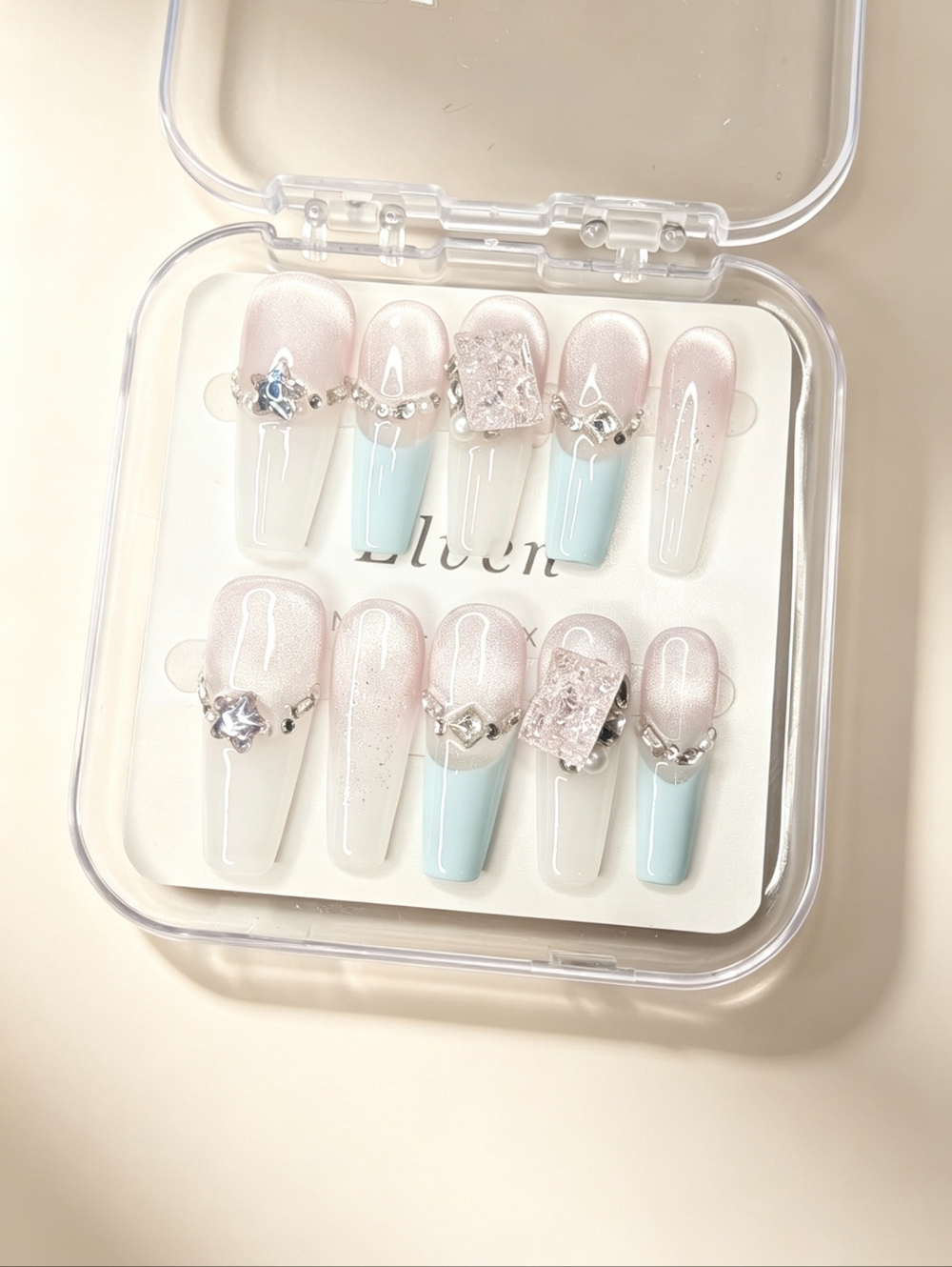Elegant Pink and Blue Cat Eye HandMade Press On Nails Long Coffin